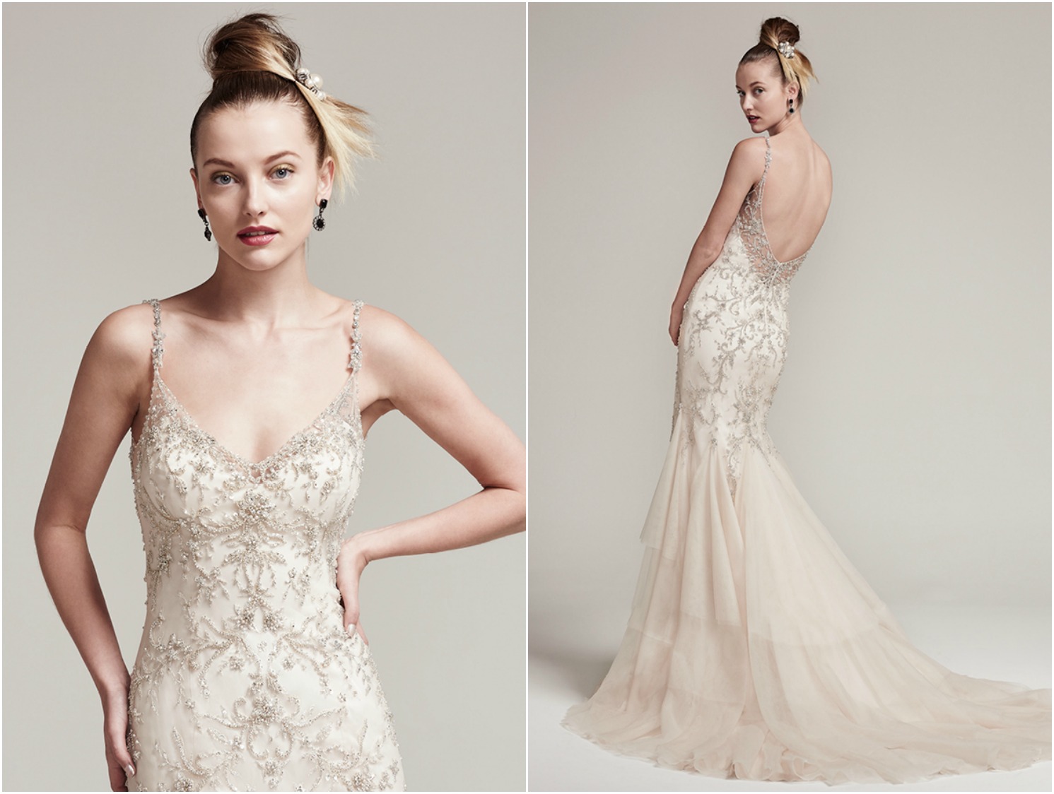 Pearls and Swarovski crystals add an extra dose of drama and dimension to this tulle fit and flare wedding dress, complete with bead encrusted spaghetti straps and V-neckline seamlessly flowing into a tiered-godet skirt. Finished with embellished illusion back and crystal buttons over zipper closure.
<a href="https://www.maggiesottero.com/sottero-and-midgley/erin/9850" target="_blank">Sottero & Midgley</a>