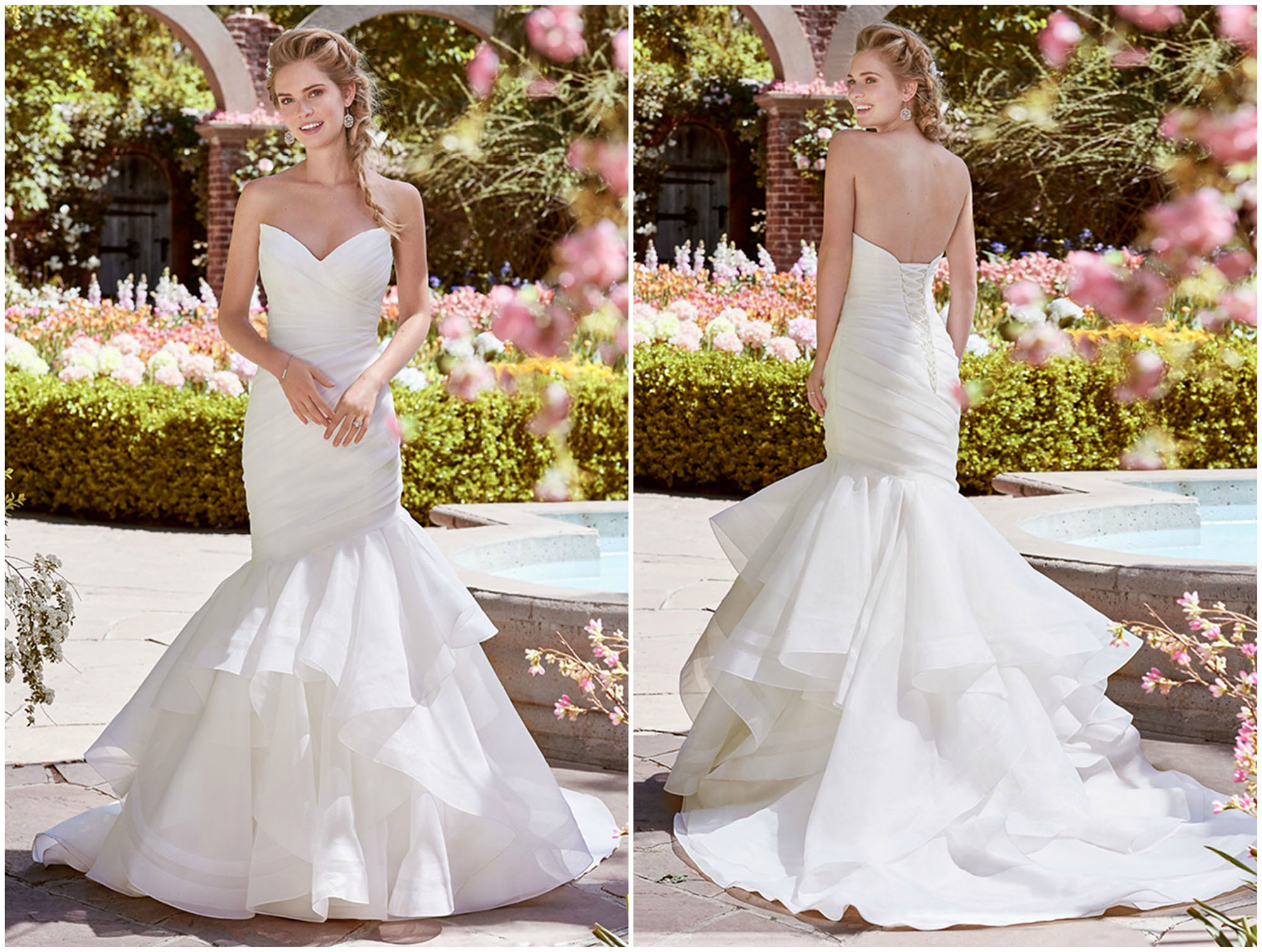 Confecionado com organza toscana, este vestido de noiva de corte sereia apresenta um decote de coração exclusivo e uma saia que sobressai em camadas e folhos. Acabamentos com fecho de corset.
<a href="https://www.maggiesottero.com/rebecca-ingram/patsy/11262?utm_source=zankyou&utm_medium=gowngallery" target="_blank">Rebecca Ingram</a>