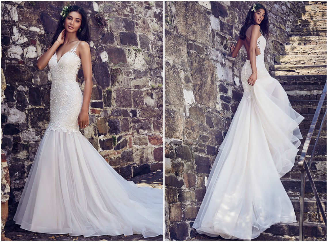 Vestido de noiva fit-and-flare, composto por corpete rendado que termina numa saia de tule com ligeira cauda. Alças com efeito ilusão que deslizam do decote coração até fecharem nas costas. Forrado com Inessa Jersey para um ajuste luxoso. Acabamentos com botões forrados por cima de fecho zíper <a href="https://www.maggiesottero.com/maggie-sottero/adaleine/11151?utm_source=zankyou&utm_medium=gowngallery" target="_blank">Maggie Sottero</a>
