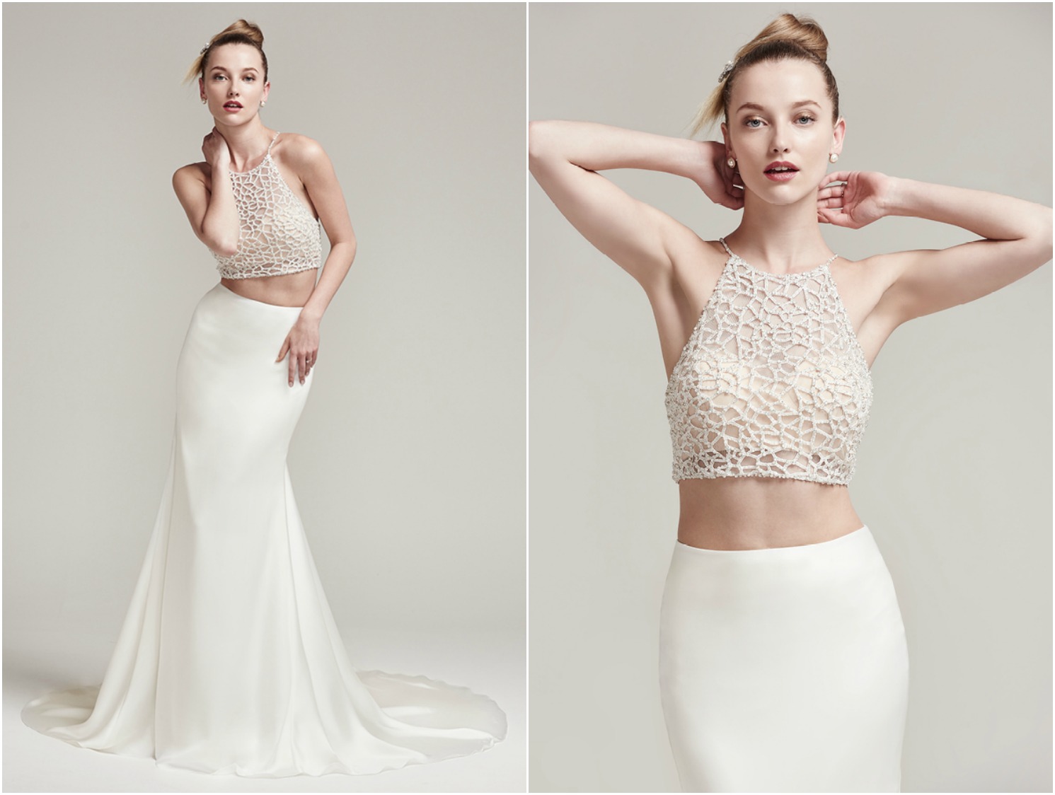 Sophisticated bead encrusted cropped halter with crystal button closure and bandeau lining. Orion Crepe back satin sheath skirt with zipper closure.
<a href="https://www.maggiesottero.com/sottero-and-midgley/jude-alliett/9964" target="_blank">Sottero & Midgley</a>