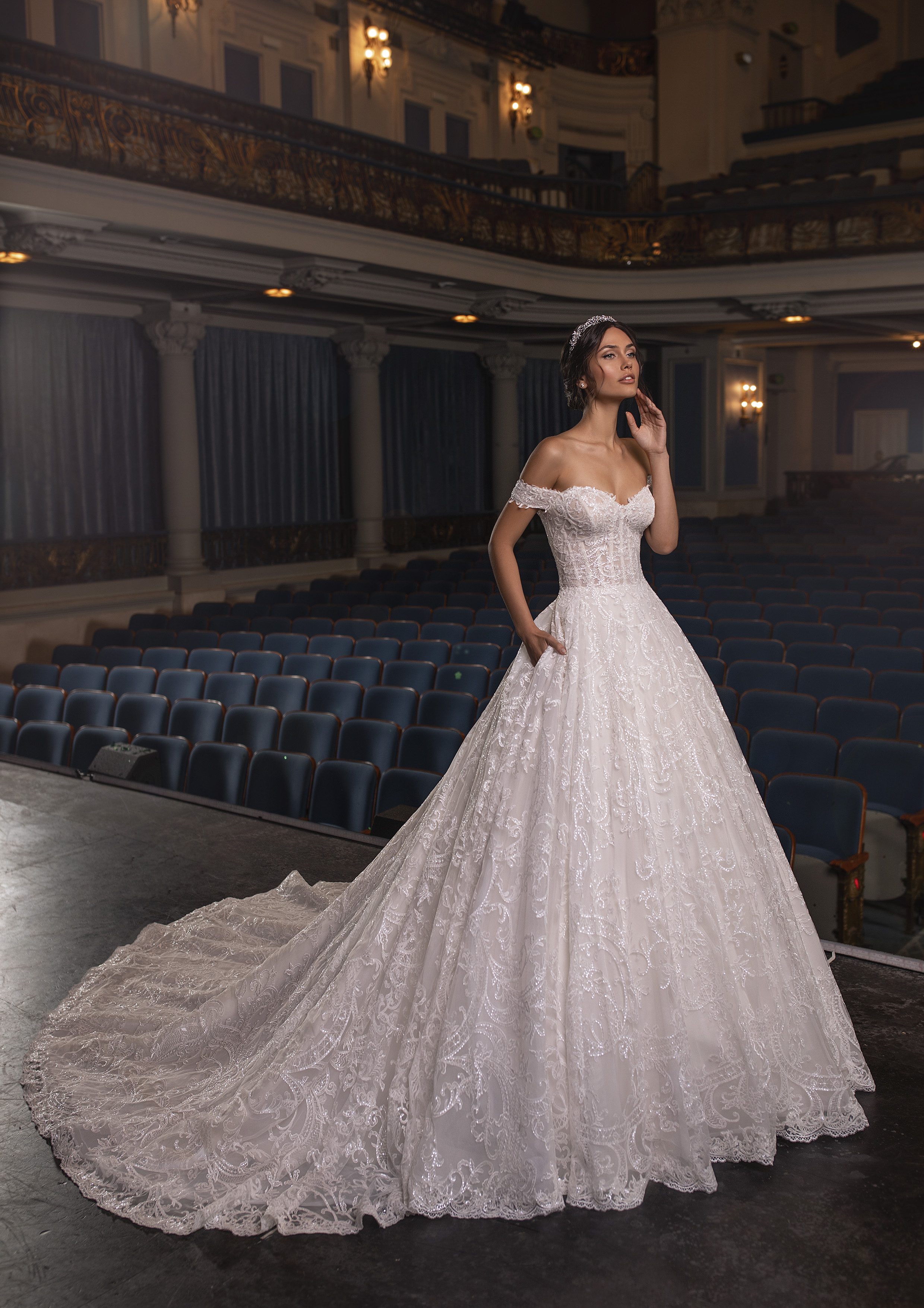 Vestido de noiva de corte princesa com ombros descaídos com intricados bordados e corpo inspirado em lingerie. | Modelo Temple da coleção Pronovias Privée 2021