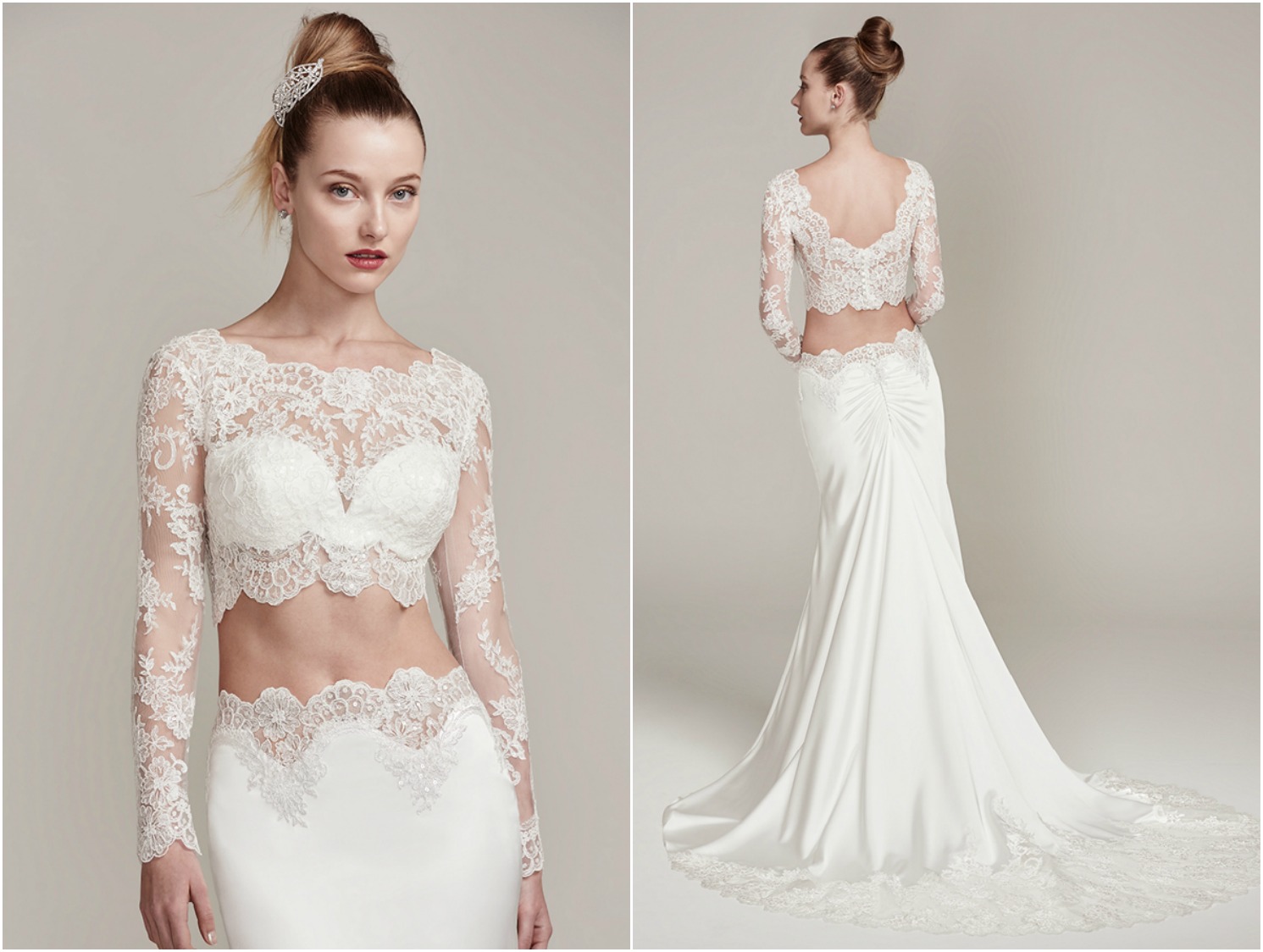 An illusion lace crop top is accented with a stunning scalloped lace bateau neckline and long sleeves. The matching Belize satin sheath skirt with lace trim creates a fashion-forward two-piece wedding dress style.   Complete with a detailed illusion lace trimmed train and ruching. Finished with covered buttons and zipper closure. 

<a href="https://www.maggiesottero.com/sottero-and-midgley/fiona/9853" target="_blank">Sottero &amp; Midgley</a>