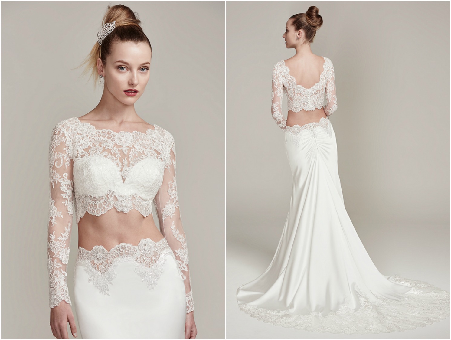 An illusion lace crop top is accented with a stunning scalloped lace bateau neckline and long sleeves. The matching Belize satin sheath skirt with lace trim creates a fashion-forward two-piece wedding dress style. Complete with a detailed illusion lace trimmed train and ruching. Finished with covered buttons and zipper closure.
<a href="https://www.maggiesottero.com/sottero-and-midgley/fiona/9853" target="_blank">Sottero & Midgley</a>