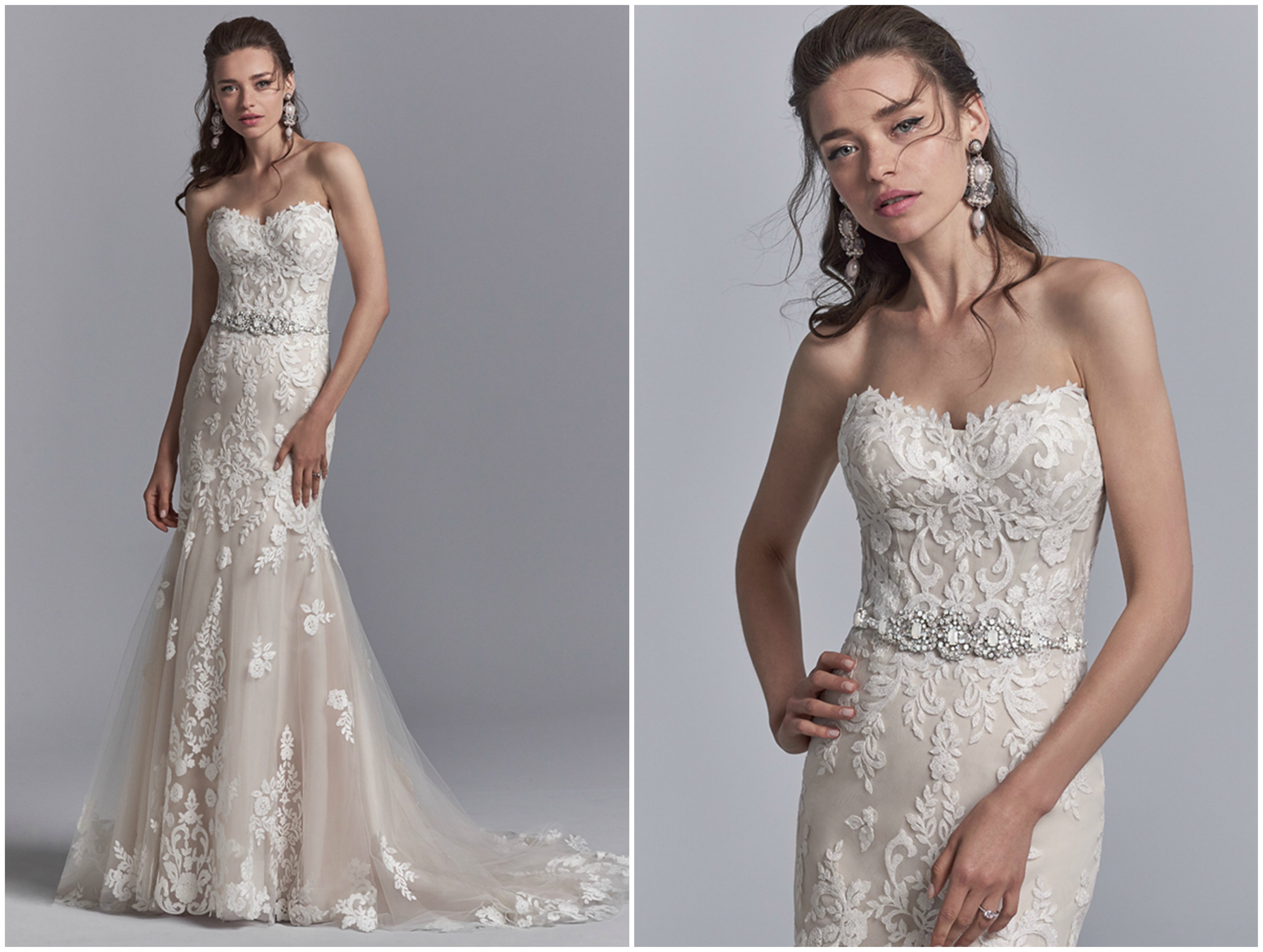 Motivos de renda romântica dançam sobre o tule deste vestido de noiva flit-and-flare, que é acompanhado por um cinto com pedraria e brilho acentuado pelos cristais Swarovski. Decote coração cai-cai e efeito ilusão nas costas expostas e acentuadas com motivos de renda. Acabamentos com botões de cristal sobre fecho de correr.
<a href="https://www.maggiesottero.com/sottero-and-midgley/frankie/11209?utm_source=zankyou&utm_medium=gowngallery" target="_blank">Sottero and Midgley</a>